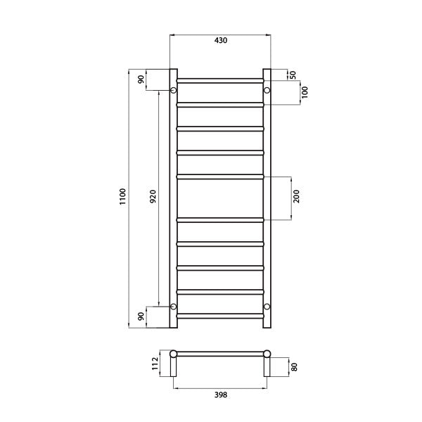 Radiant Round 10 Bar Non-Heated Towel Ladder 430 x 1100 Technical Drawing - The Blue Space