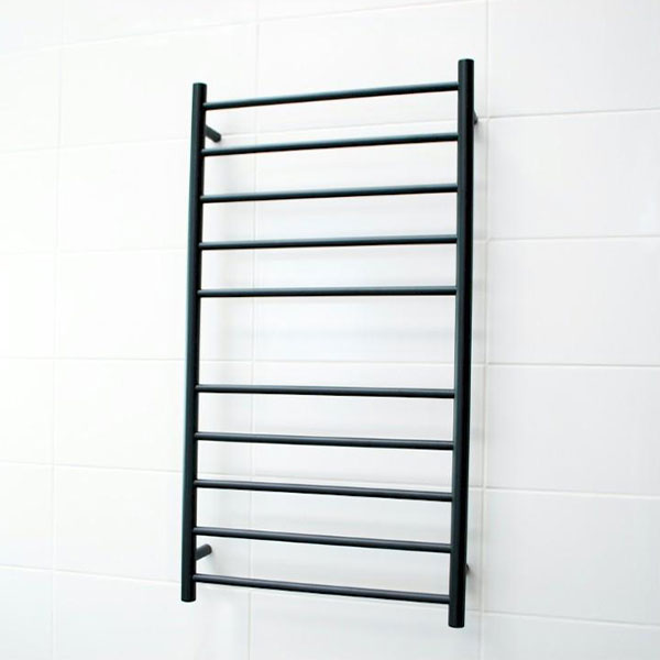 Radiant Round 240V 10 Bar Heated Towel Ladder 600x1100 Matte Black - The Blue Space