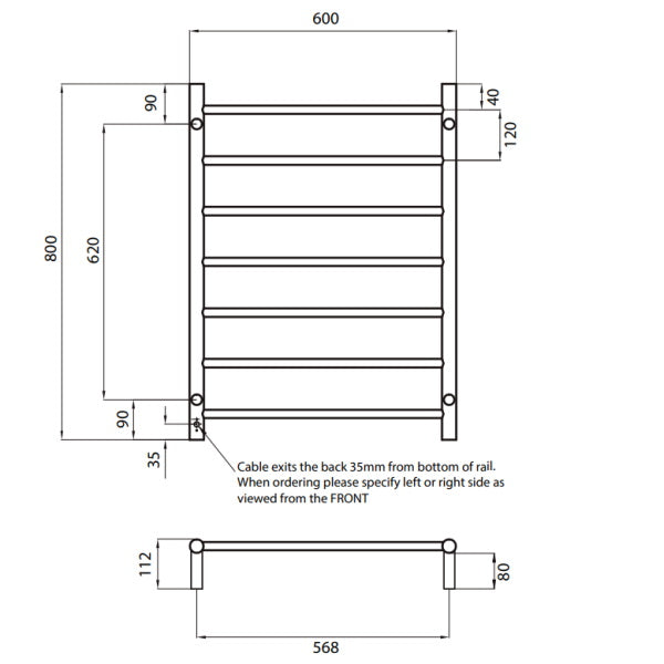 Technical Drawing: Radiant Round 7 Bar Heated Towel Ladder 600w x 800h.