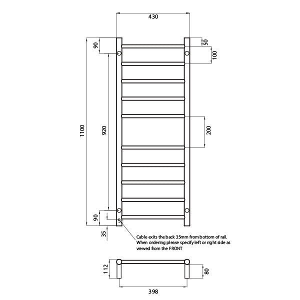 Radiant Round 10 Bar Heated Towel Ladder 430 x 1100 Technical Drawing - The Blue Space