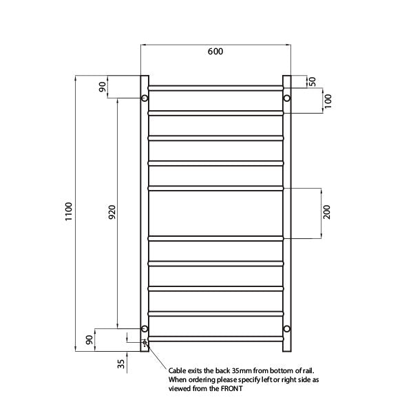Radiant Round 10 Bar Heated Towel Ladder 600 x 1100 Technical Drawing - The Blue Space