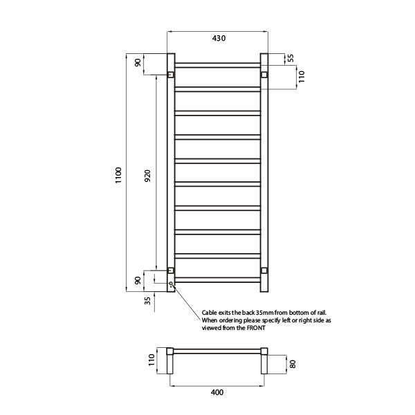 Radiant Square 10 Bar Heated Rail 430 x 1100 Technical Drawing - The Blue Space
