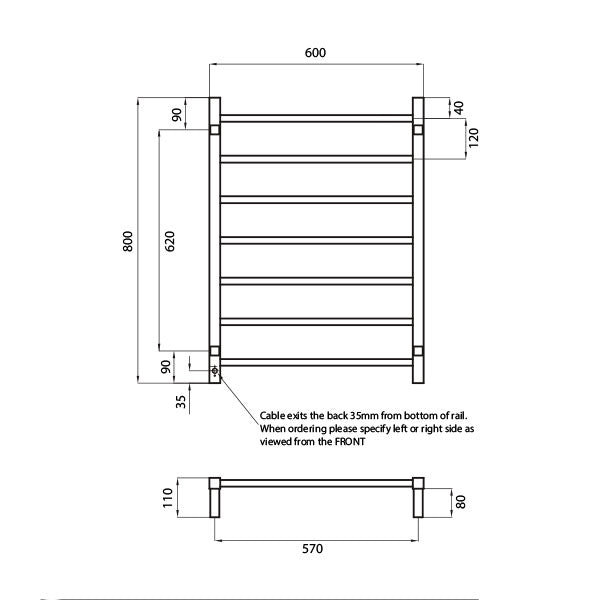 Radiant Square 7 Bar Heated Rail 600 x 800 Technical Drawing - The Blue Space