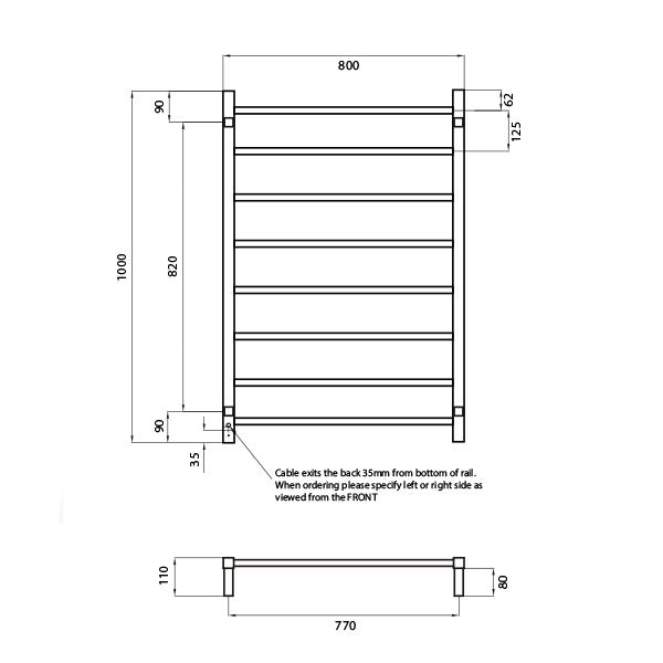 Radiant Square 8 Bar Heated Towel Ladder 800 x 1000 Technical Drawing - The Blue Space