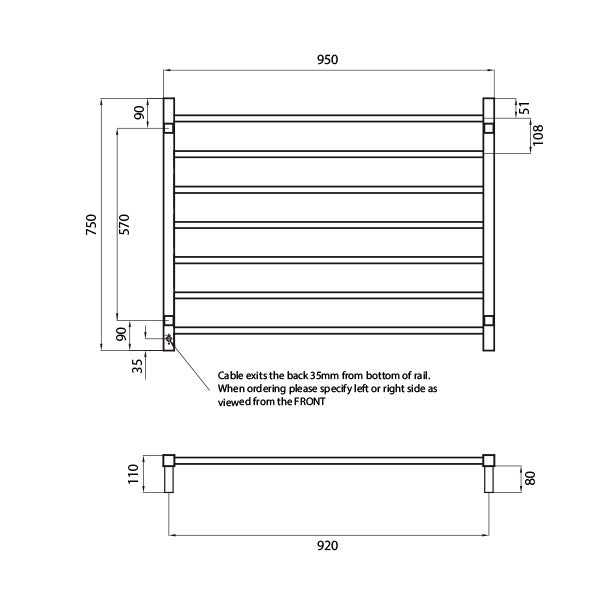 Radiant Square 7 Bar Heated Rail 950 x 750 Technical Drawing - The Blue Space