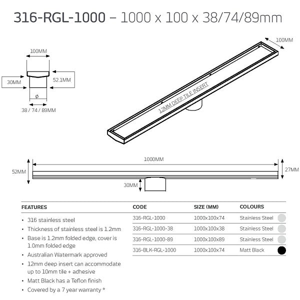Technical Drawing: Radiant Tile Insert Linear Shower Grate 316-RGL-1000 - The Blue Space