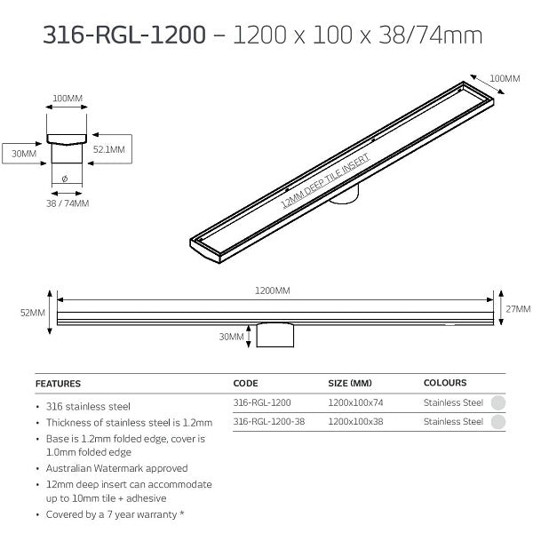 Technical Drawing: Radiant Tile Insert Linear Shower Grate 316-RGL-1200 - The Blue Space