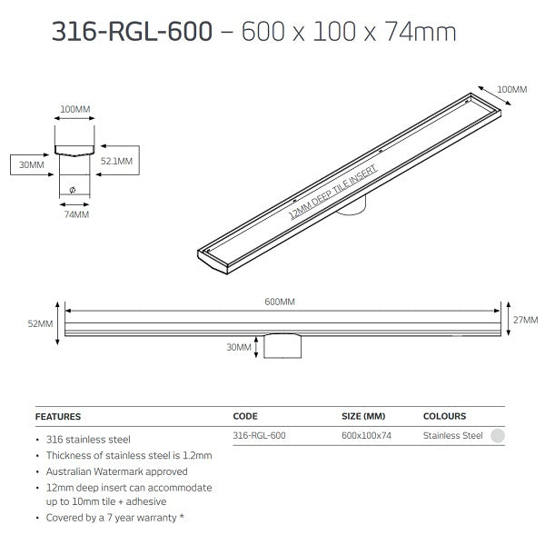 Technical Drawing: Radiant Tile Insert Linear Shower Grate 316-RGL-600 - The Blue Space