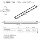 Technical Drawing: Radiant Tile Insert Linear Shower Grate 316-RGL-700 - The Blue Space