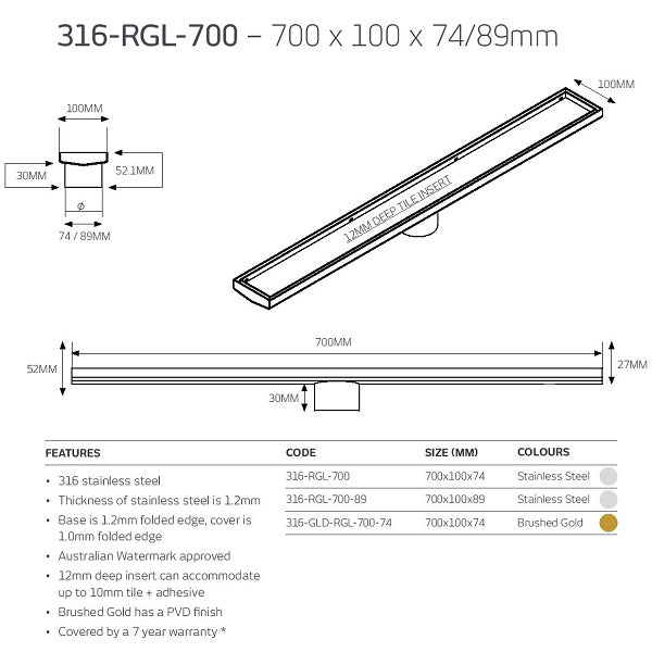 Technical Drawing: Radiant Tile Insert Linear Shower Grate 316-RGL-700 - The Blue Space