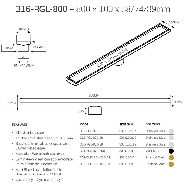 Technical Drawing: Radiant Tile Insert Linear Shower Grate 316-RGL-800 - The Blue Space