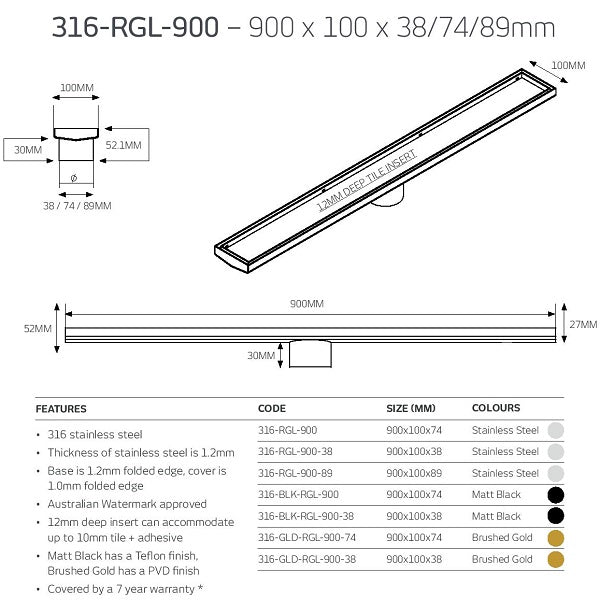 Technical Drawing: Radiant Tile Insert Linear Shower Grate 316-RGL-900 - The Blue Space