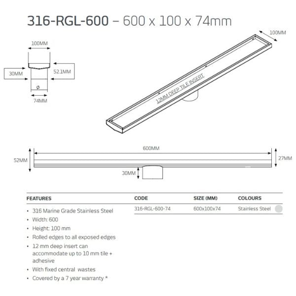 Technical Drawing: Radiant Tile Insert Linear Shower Grate - Brushed Nickel 316-GMG-RGL-600 - The Blue Space