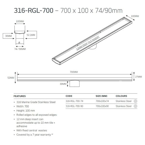 Technical Drawing: Radiant Tile Insert Linear Shower Grate - Brushed Nickel 316-GMG-RGL-700 - The Blue Space