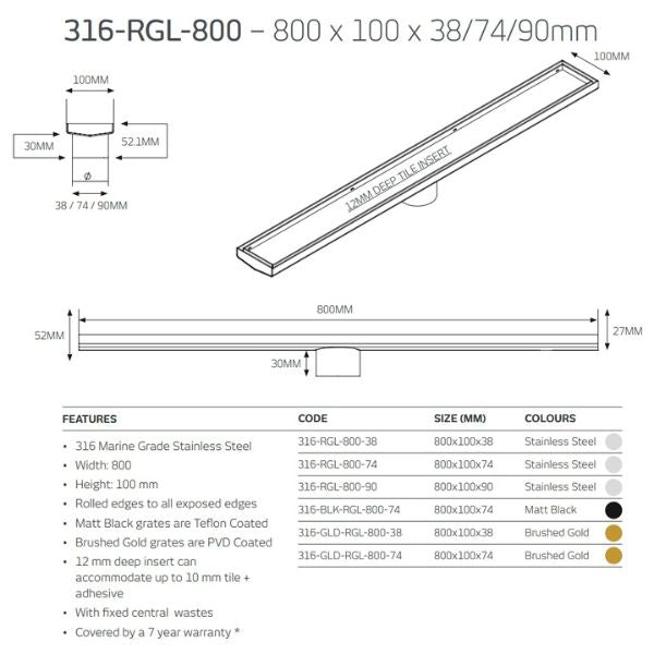 Technical Drawing: Radiant Tile Insert Linear Shower Grate - Brushed Nickel 316-GMG-RGL-800 - The Blue Space
