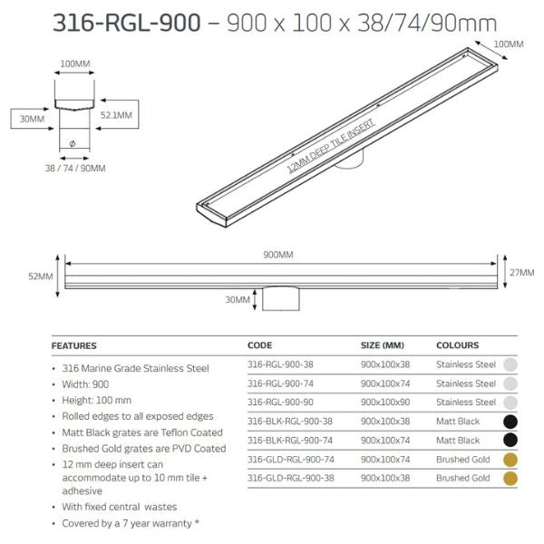 Technical Drawing: Radiant Tile Insert Linear Shower Grate - Brushed Nickel 316-GMG-RGL-900 - The Blue Space