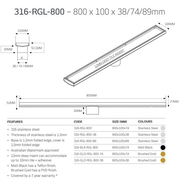 Technical Drawing: Radiant Tile Insert Linear Shower Grate - Brushed Gold 316-GLD-RGL-800 - The Blue Space
