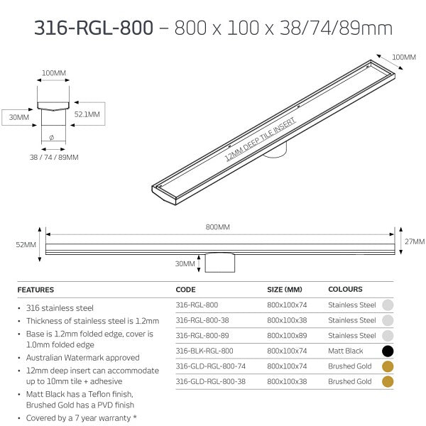 Radiant Tile Insert Linear Shower Grate Brushed Gold