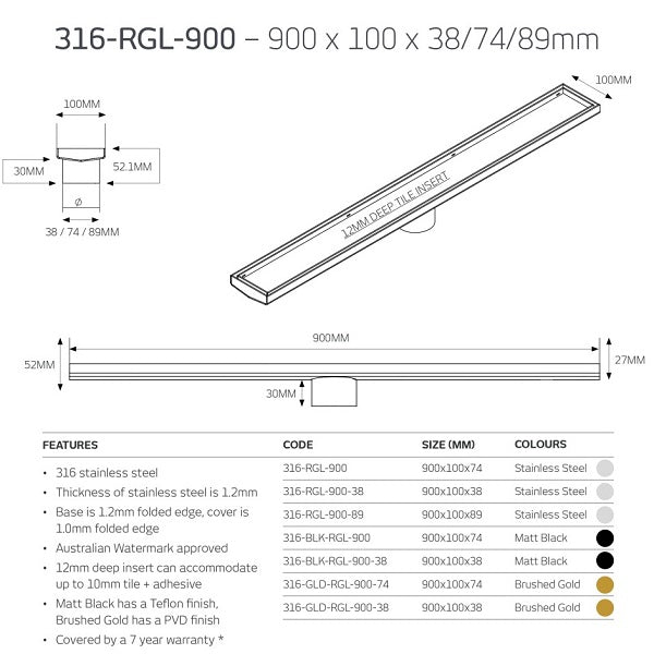 Technical Drawing: Radiant Tile Insert Linear Shower Grate - Brushed Gold 316-GLD-RGL-900 - The Blue Space