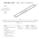 Technical Drawing: Radiant Tile Insert Linear Shower Grate - Brushed Nickel 316-BN-RGL-700 - The Blue Space