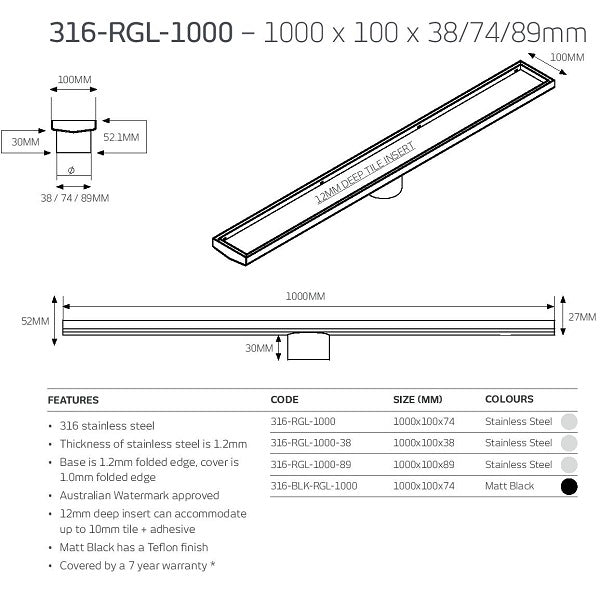 Technical Drawing: Radiant Tile Insert Linear Shower Grate - Matt Black 316-RGL-1000 | The Blue Space