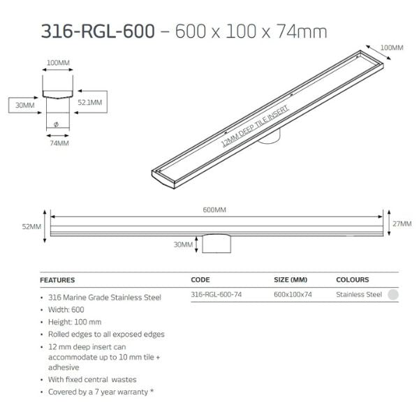 Technical Drawing: Radiant Tile Insert Linear Shower Grate - Matt Black 316-RGL-600 | The Blue Space