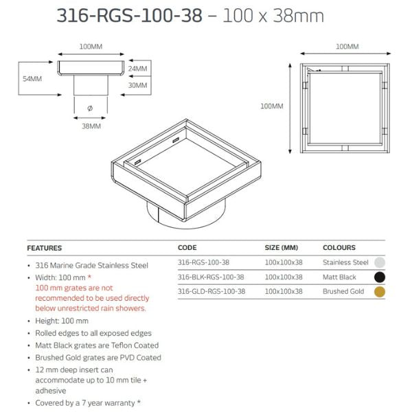 Technical Drawing: Radiant Tile Insert Square Floor Waste 38mm - Gun Metal Grey 316-GMG-RGS-100 | The Blue Space