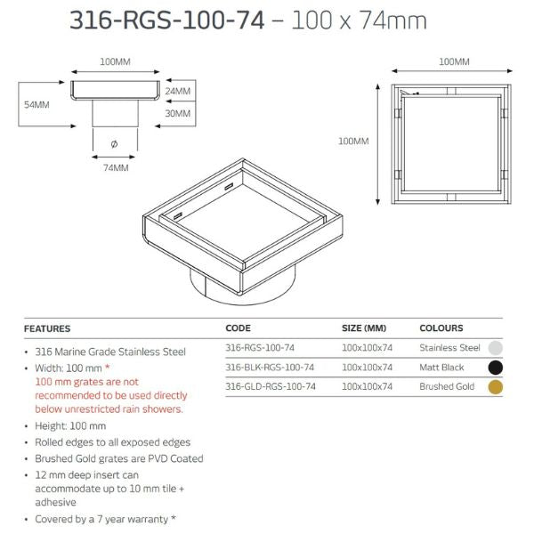 Technical Drawing: Radiant Tile Insert Square Floor Waste 74mm - Gun Metal Grey 316-GMG-RGS-100 | The Blue Space