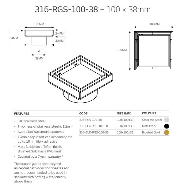 Technical Drawing: Radiant Tile Insert Square Floor Waste 316-RGS-100-38 | The Blue Space