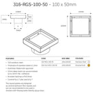 Technical Drawing: Radiant Tile Insert Square Floor Waste 316-RGS-100-50 | The Blue Space