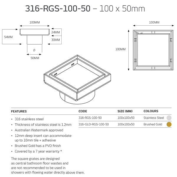 Technical Drawing: Radiant Tile Insert Square Floor Waste 316-RGS-100-50 | The Blue Space