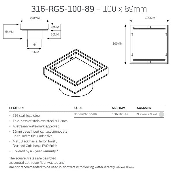 Technical Drawing: Radiant Tile Insert Square Floor Waste 316-RGS-100-89 | The Blue Space