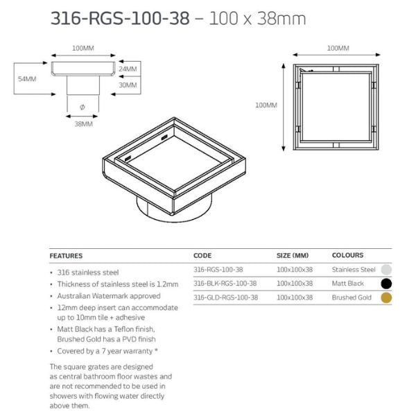 Radiant Tile Insert Square Floor Waste - Brushed Gold 38mm Outlet Technical Drawing| The Blue Space