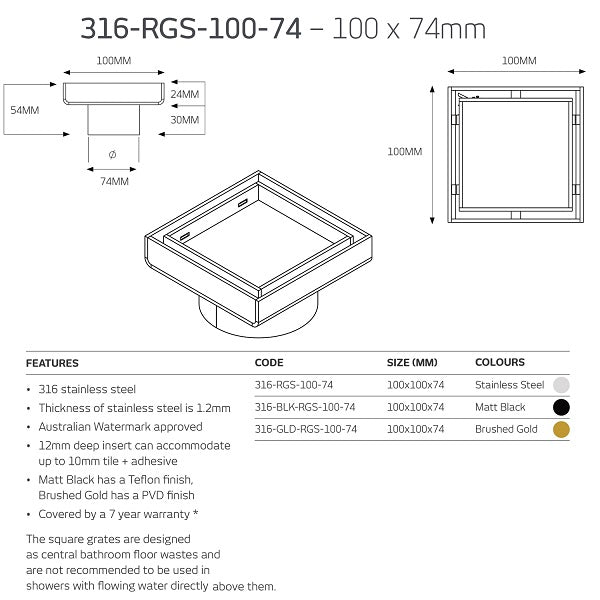 Technical Drawing: Radiant Tile Insert Square Floor Waste - Matte Black 316-RGS-100-74 | The Blue Space