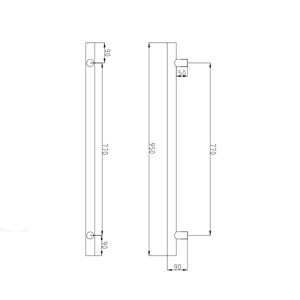 Radiant Vertical Round Single Bar Heated Technical Drawing - The Blue Space