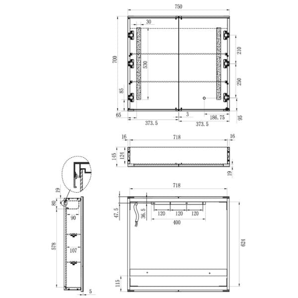 Remer Amber 750mm LED Shaving Cabinet Technical Drawing - The Blue Space