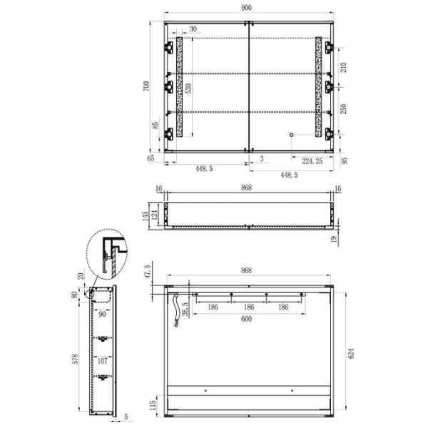 Remer Amber 900mm LED Shaving Cabinet Technical Drawing - The Blue Space
