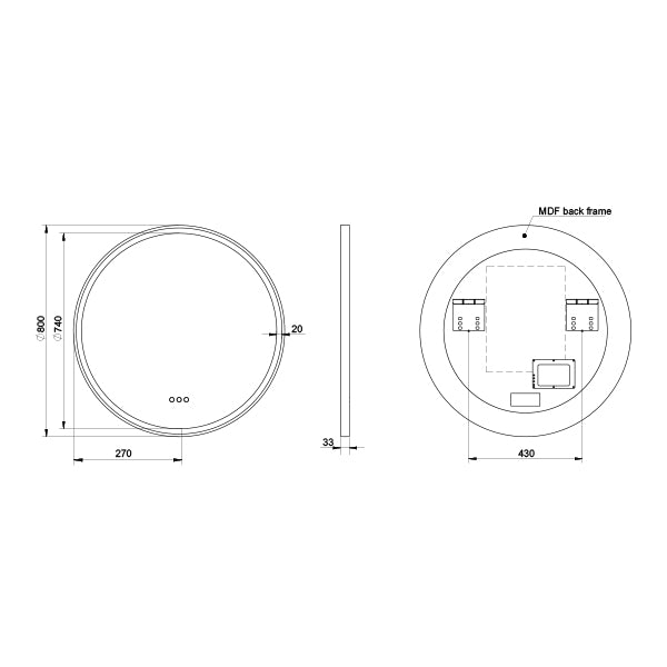 Remer Eclipse 800mm LED Mirror Technical Drawing - The Blue Space