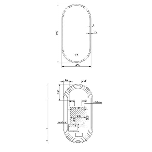 Remer Gatsby 900 LED Mirror Technical Drawing - The Blue Space