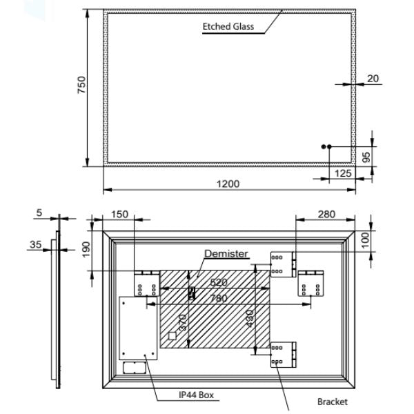 Remer Kara 1200mm Smart Mirror Technical Drawing - The Blue Space