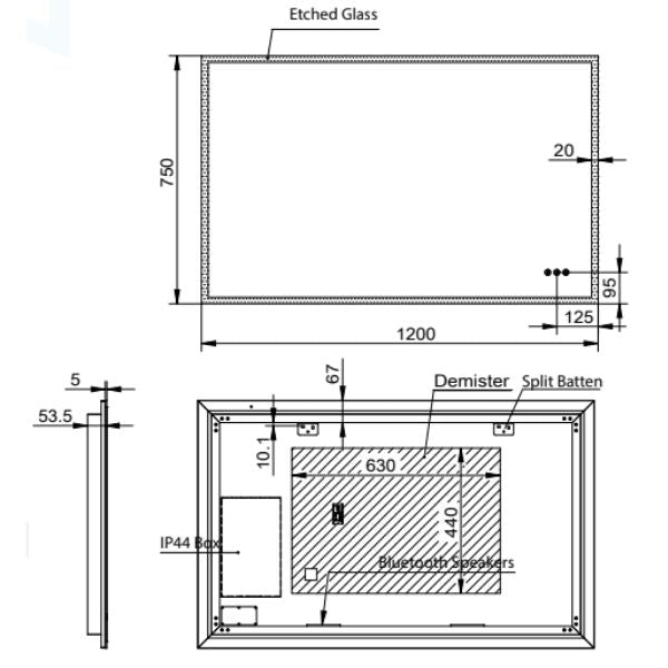 Remer Kara 1200mm Smart Mirror Technical Drawing - The Blue Space
