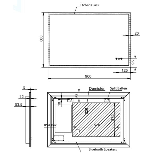 Remer Kara 900mm Smart Mirror Technical Drawing - The Blue Space