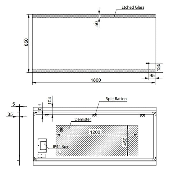 Remer 1800mm Smart Mirror with Demister Technical Drawing - The Blue Space