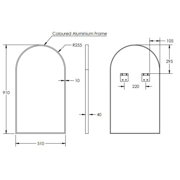 Remer Modern Arch 500mm Mirror Matte Black Frame Technical Drawing - The Blue Space