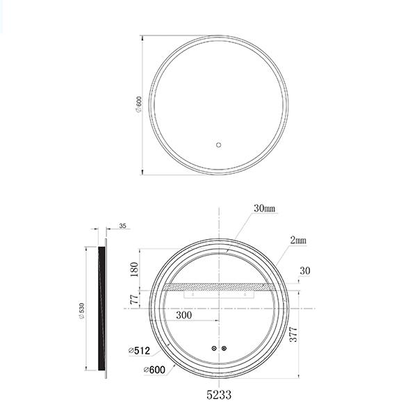 Remer Sphere 600mm Standard LED Mirror Technical Drawing - The Blue Space
