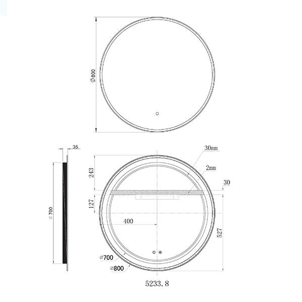 Remer Sphere 800mm Standard LED Mirror Technical Drawing- The Blue Space 