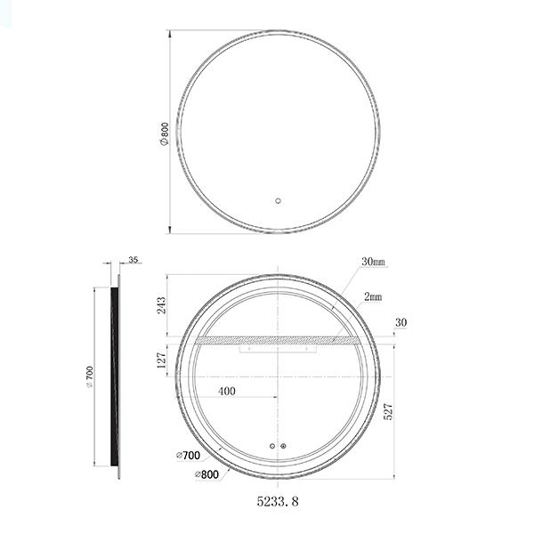 Remer Sphere 800mm Standard LED Mirror Technical Drawing - The Blue Space