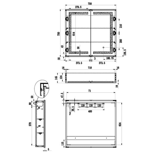 Remer Vera 750mm LED Shaving Cabinet Technical Drawing - The Blue Space