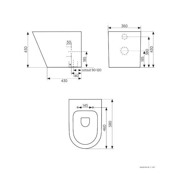 Seima Modia Floor Mount Toilet Suite with In-Wall Cistern and Slim Seat Technical Drawing - The Blue Space