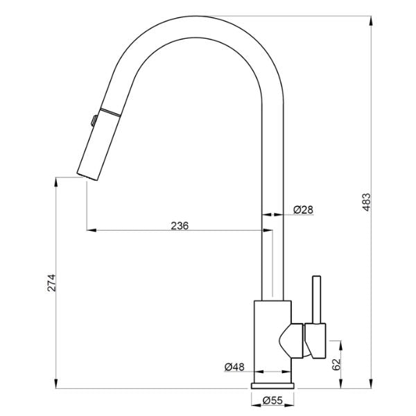 Technical Drawing; Suprema Xpress Fit Xacta Stainless Steel Retractable Sink Mixer